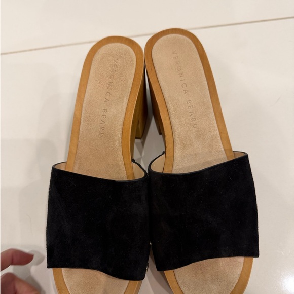 Veronica Beard Black Suede Platform Mules with Gold Accents - Picture 2 of 5
